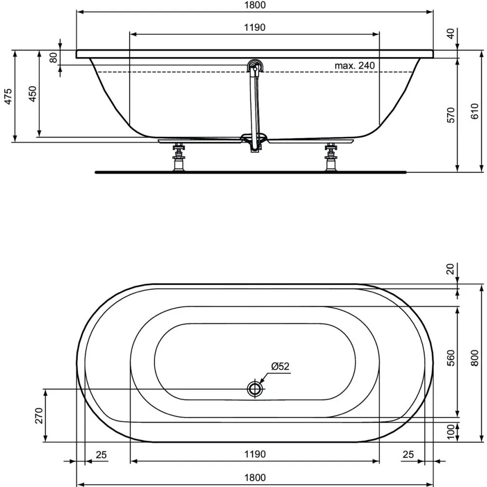 Cada baie incastrata Ideal Standard Connect Air, ovala, 180x80 cm