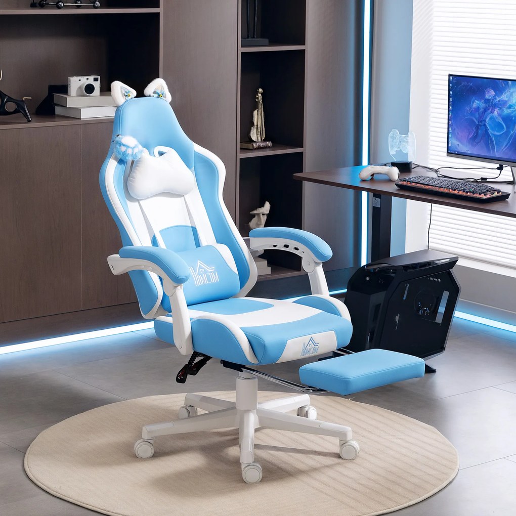HOMCOM Scaun de gaming reclinabil cu suport pentru picioare și perne, 65x62x124 cm, alb și albastru | Aosom Romania