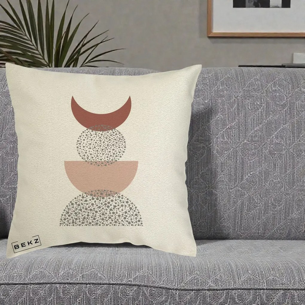 Perna Decorativa Boho Luna Plina si Forme Punctate, 40x40 cm, Ecru, Husa Detasabila, Perna Inclusa, BEKZ®
