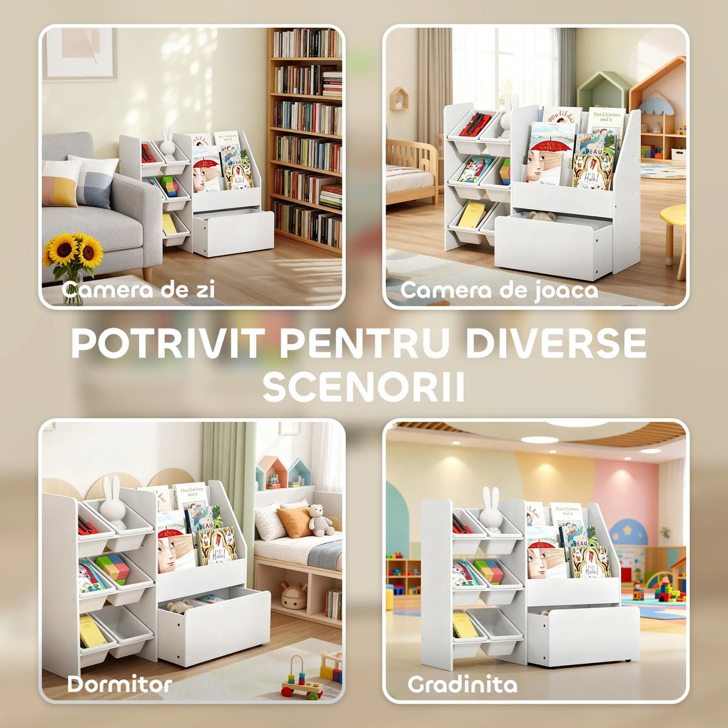 AIYAPLAY Raft pentru jucării cu 6 coșuri, 3 rafturi, din lemn, plastic și oțel, 100x30x80 cm, alb | Aosom Romania