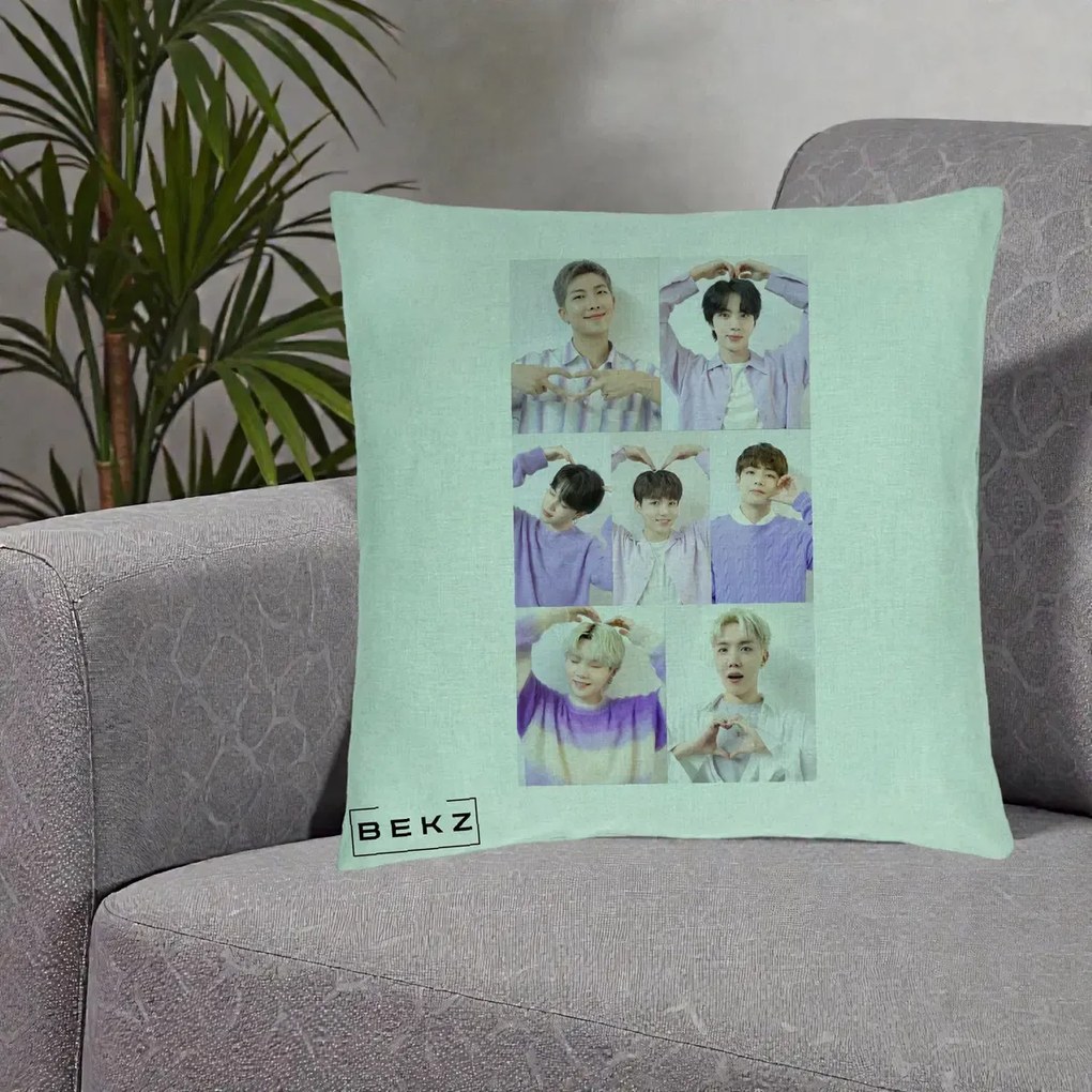 Perna Personalizata K-pop BTS Colaj 7 Portrete cu Inimi Lila, 40x40 cm, Verde Menta, Husa Detasabila, Perna Inclusa, BEKZ®