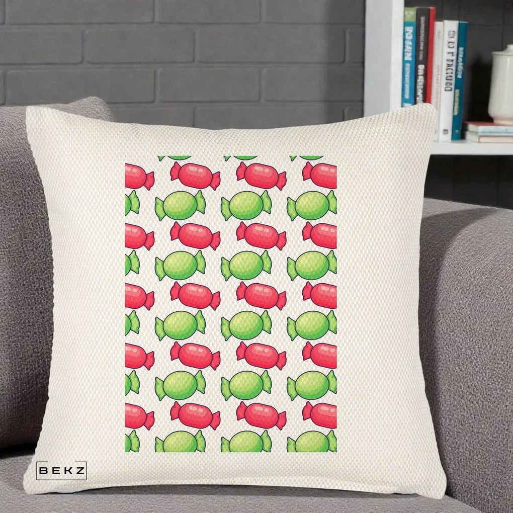 Perna Decorativa Bomboane Craciun Pattern, 40x40 cm, Crem Reliefat, Husa Detasabila, Perna Inclusa, BEKZ®
