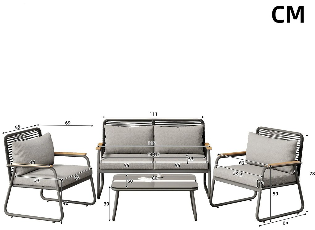 Set de lounge pentru grădină pentru 4 persoane, cu canapea dublă, 2 canapele individuale și 1 măsuță de cafea, Gri