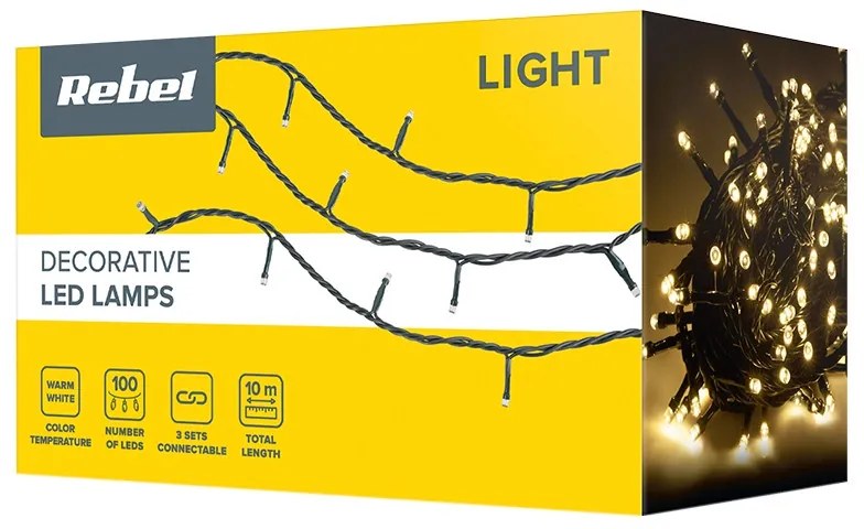 Sir luminos 100 leduri, 10 metri, 8 programe, 3.6W, lumina calda, Rebel