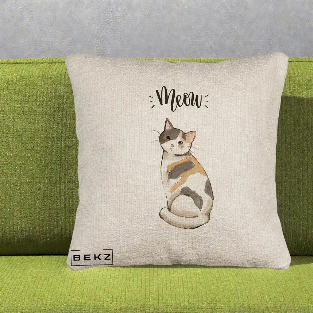 Perna Personalizata Pisica Meow Acuarela, 40x40 cm, Bej Canapea, Husa Detasabila, Perna Inclusa, BEKZ®