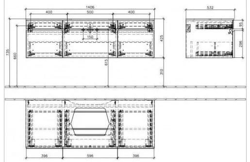 Dulap baza suspendat cu blat sticla, Memento Villeroy&amp;Boch, lavoar centru, 140.6x53.5x42.5cm, alb/gri, C25500MT