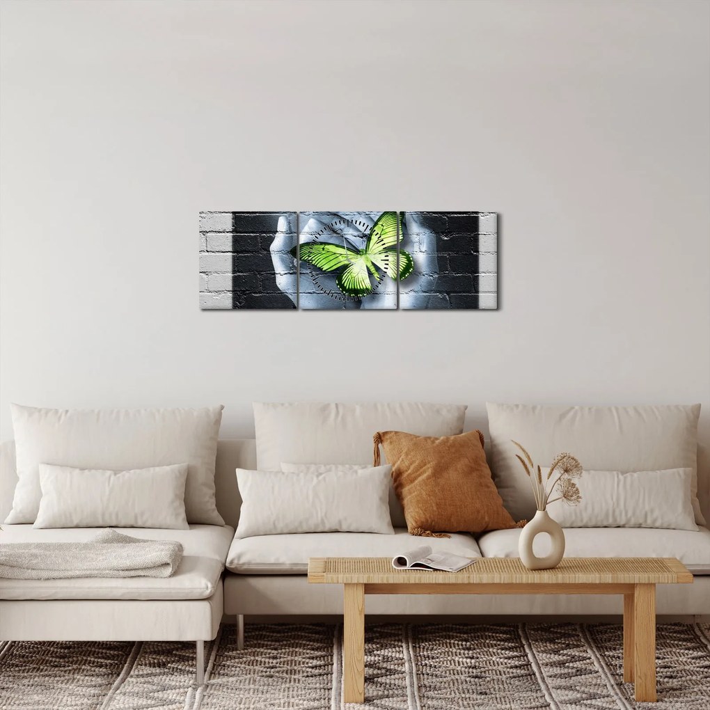 Tablou - Fluture verde în perete (cu ceas) (90x30 cm)