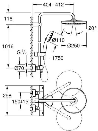 Coloana de dus cu termostat Grohe Tempesta 250 finisaj crom lucios