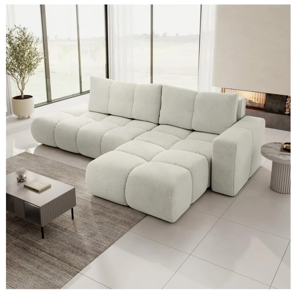 Colțar extensibil tapițat ALMADA, formă L, versiune pe partea dreaptă, bej, cu spațiu de depozitare