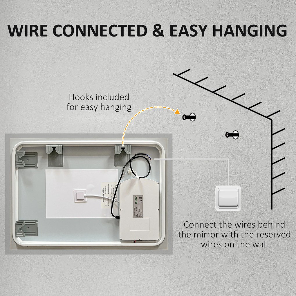 Kleankin Oglinda LED, Oglinda de Machiaj de Perete cu 3 Lumini, 800x600mm, Tactilă, Anti-Ceță, Montare Orizontală/Verticală | Aosom Romania