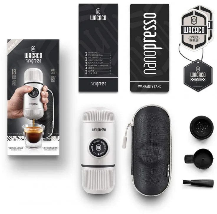 Espressor portabil Wacaco Nanopresso Chill White, 18bar, 80 ml, Cafea macinata, Fara incarcare sau baterii, Husa, Alb