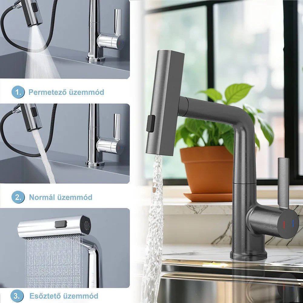 Robinet mixer pentru chiuvetă Mara cu cap multifuncțional gri