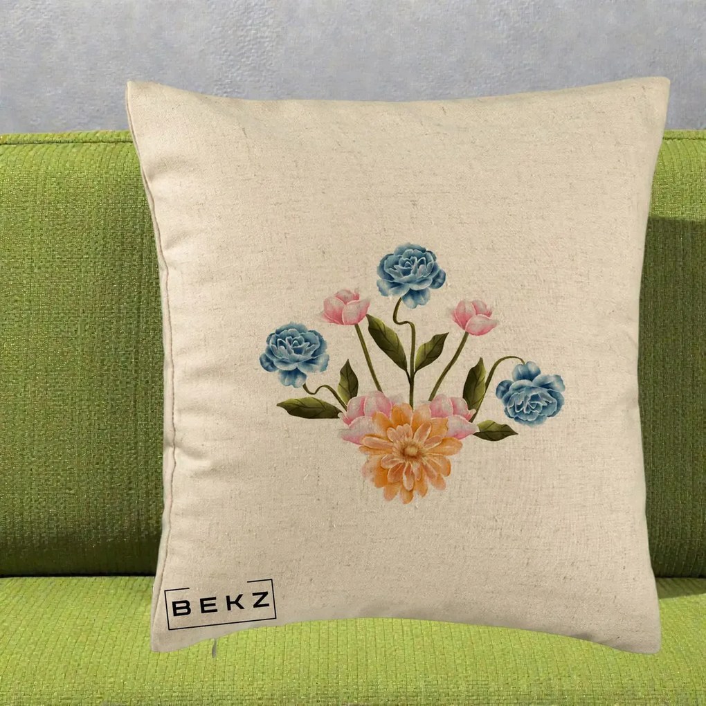 Perna Decorativa Buchet Primavara Acuarela, 40x40 cm, Bej, Husa Detasabila, Perna Inclusa, BEKZ®