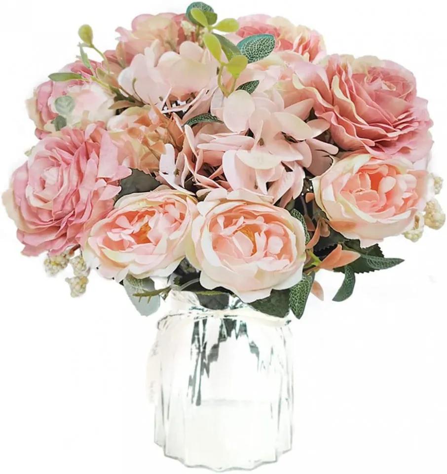 Set de 3 buchete flori artificiale Bumhar, bujor, hortensie, roz, 30cm