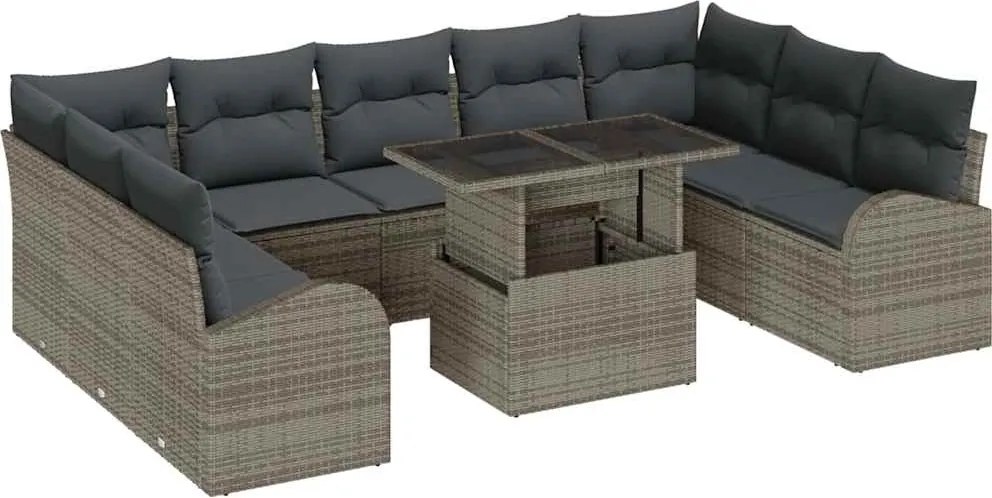 vidaXL Set de canapele pentru grădină cu pernă 10 pcs Gri Rattan poli