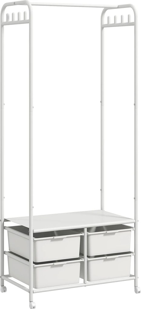 HOMCOM Suport Cuier cu Rafturi pentru Pantofi și 4 Coșuri, Cuier Intrare din Oțel și Plastic, 8 Agățători, 63x37x153 cm, Alb | Aosom Romania