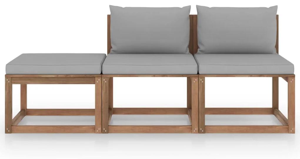 Set mobilier gradina paleti cu perne, 3 piese, lemn pin tratat Gri, 2x mijloc + suport pentru picioare, 1