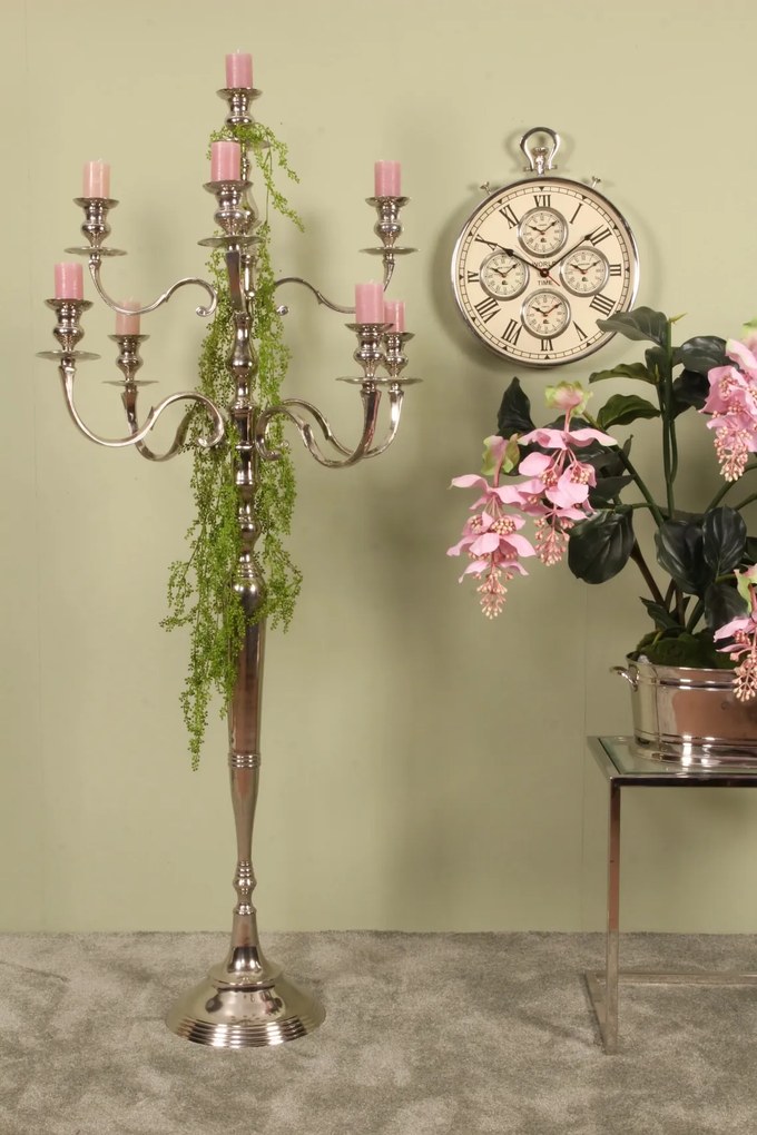 Sfeșnic de podea din aluminiu, argintiu, candelabru înalt cu 9 brațe, pentru lumânări lungi, finisaj nichelat, 182 x 80 cm, „Opéra”