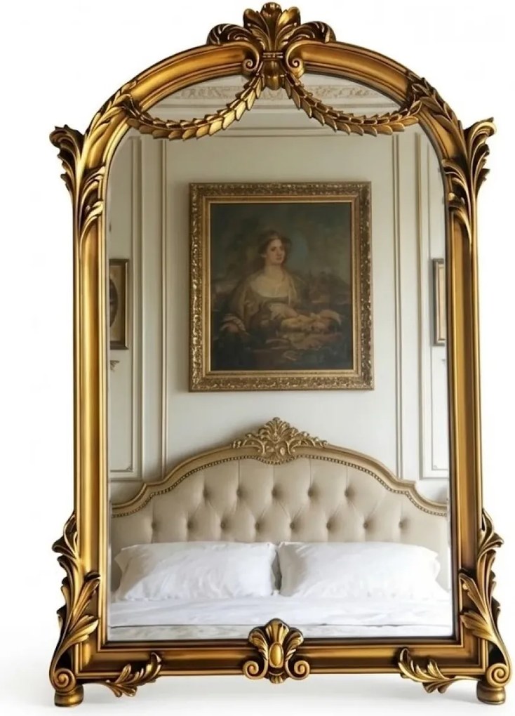 Oglindă decorativă de perete, ramă aurie antichizată, 60x90 cm