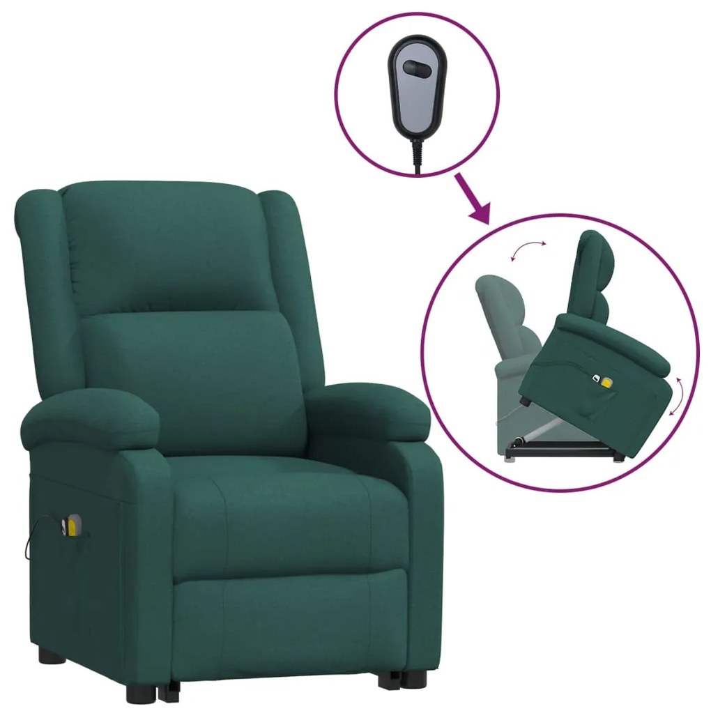 3110984 vidaXL Fotoliu rabatabil de masaj cu ridicare, verde închis, textil