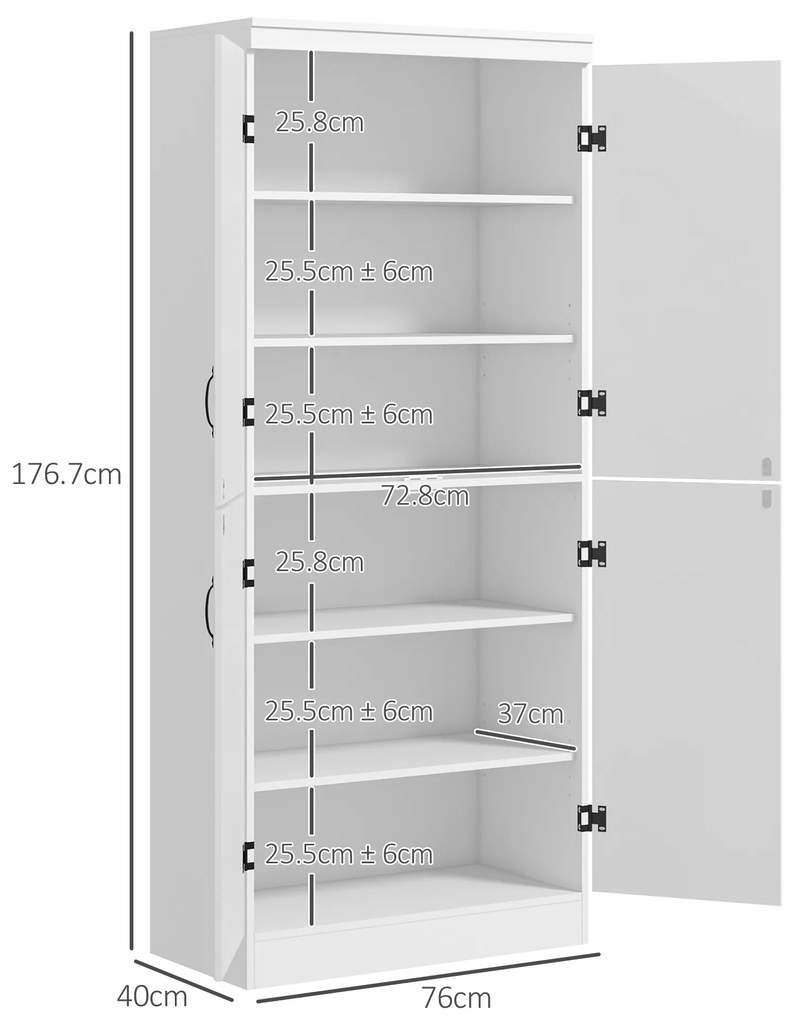 HOMCOM Armoire de cuisine buffet de salle à manger cu 4 uşi 6 rafturi de depozitare stil modern 76 x 40 x 177 cm alb | Aosom Romania