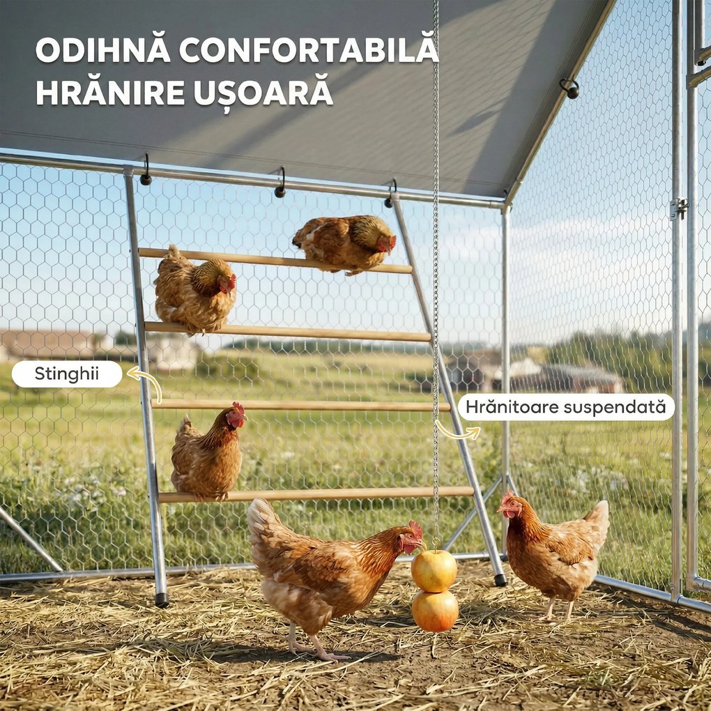 PawHut Coteț pentru Găini cu Copertină Impermeabilă și Rezistentă la UV, 300x200x195 cm, Argintiu | Aosom Romania