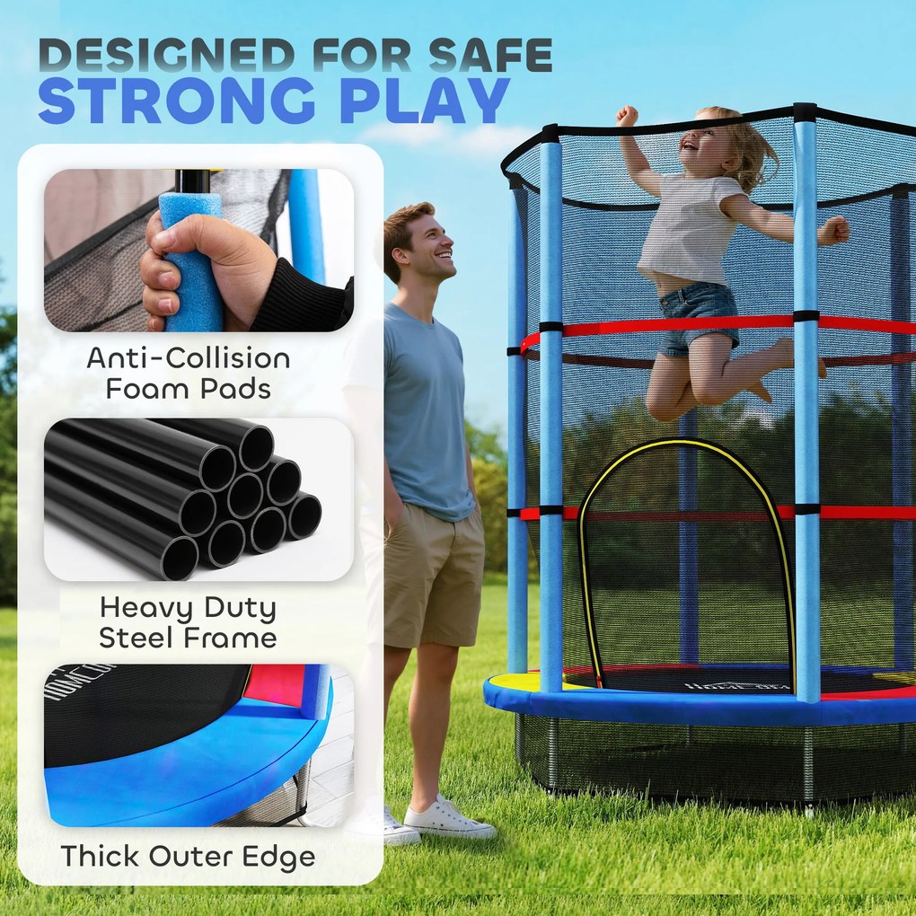HOMCOM Saltea Elastică pentru Copii 3-6 Ani cu Plasă de Protecție, 6 Stâlpi și 3 Intrări, Ø140x190 cm, Multicolor | Aosom Romania