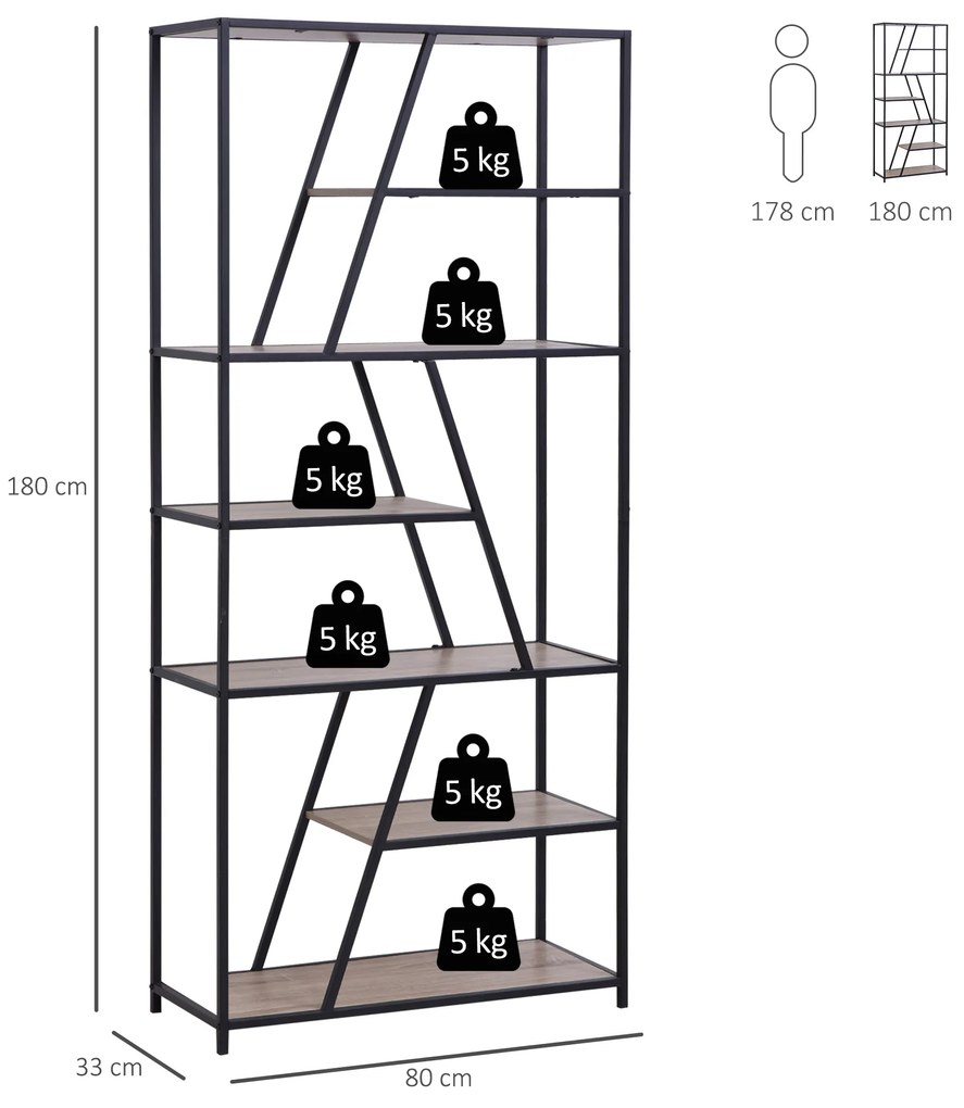 HOMCOM Biblioteca cu 9 Rafturi Trapezoidale Deschise Lemn, Atirasturnare, Cadru din Metal, Negru, 100x30x182cm