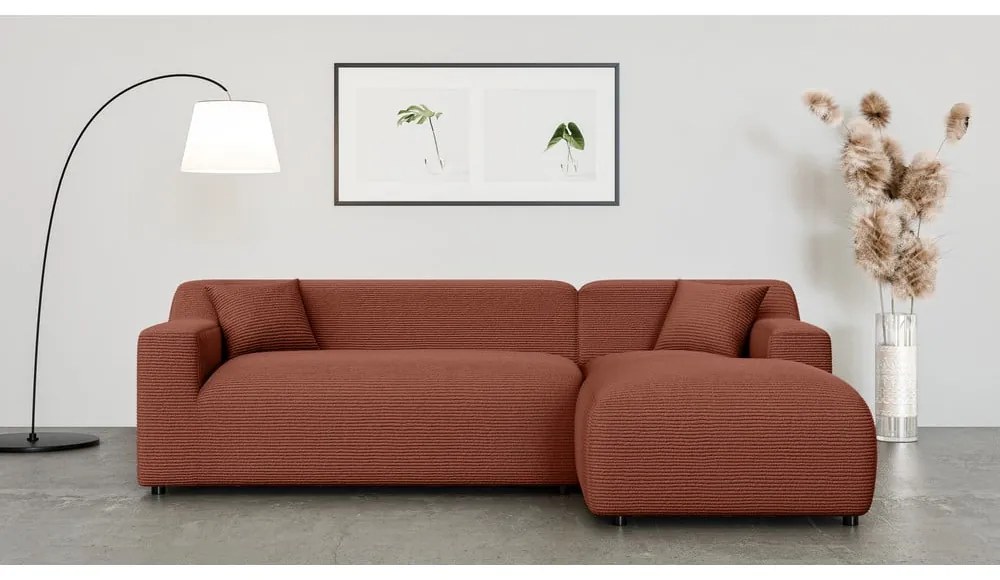 Colțar cărămiziu cu tapițerie din catifea reiată (cu colț pe partea dreaptă, cu șezlong) Martin – Ropez