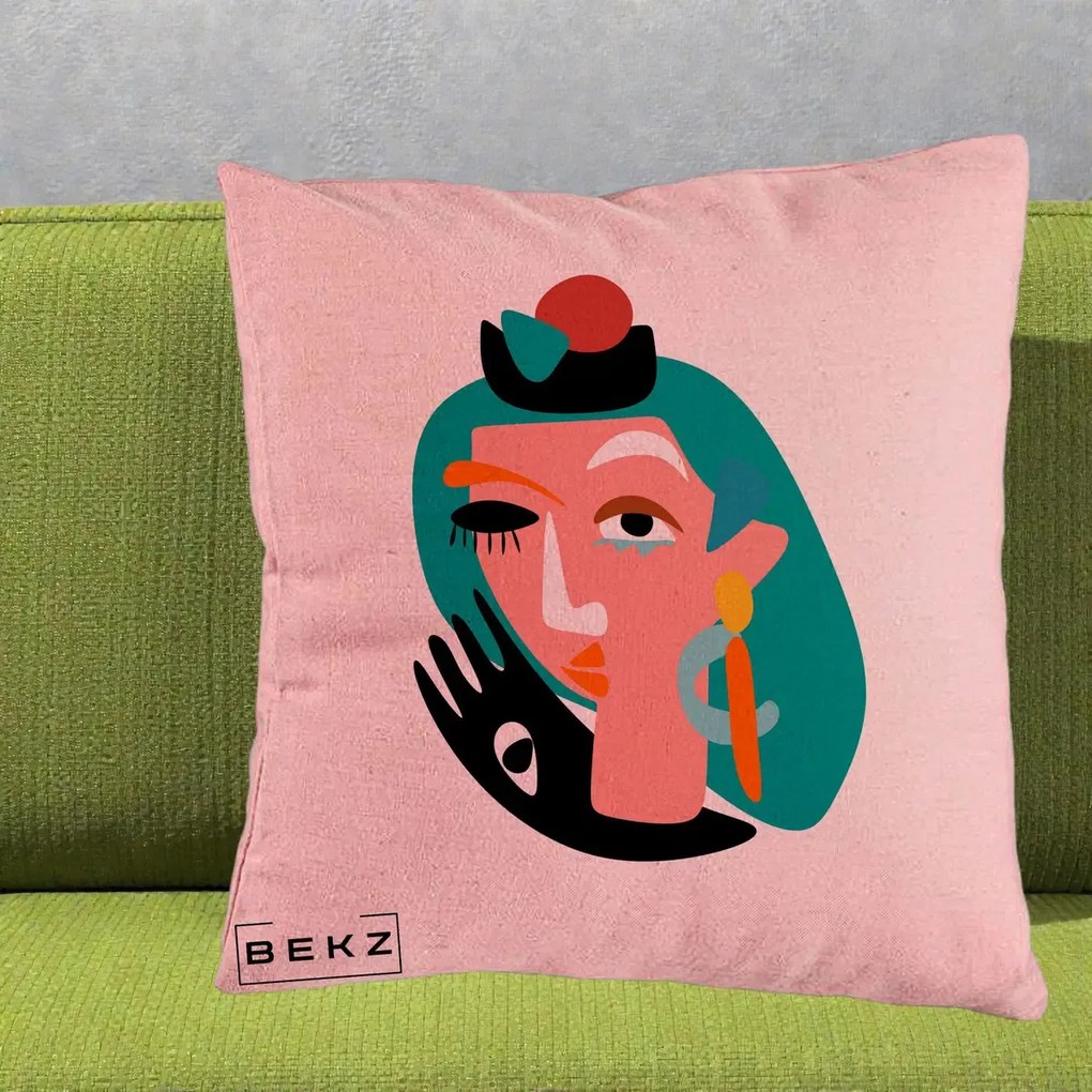 Perna Decorativa Portret Abstract Matisse Turcoaz, 40x40 cm, Roz, Husa Detasabila, Perna Inclusa, BEKZ®