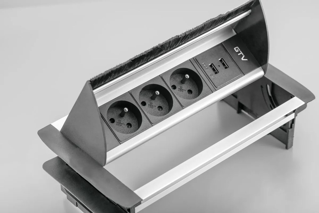 Priză încorporabilă în blat GTV, 3 prize Schuko, 2 x USB A, aluminiu, 291 x 158 mm Aluminiu, Aluminiu, L:291 mm; l:158 mm; H:80 mm