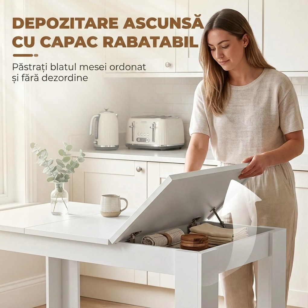 HOMCOM Masă de dining modernă cu spațiu de depozitare, 120 cm, albă | Aosom Romania