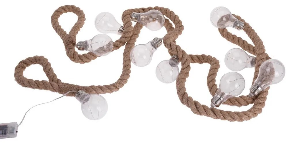 Instalatie de iluminat LED cu motiv bec pe șnur de iută - 10 becuri