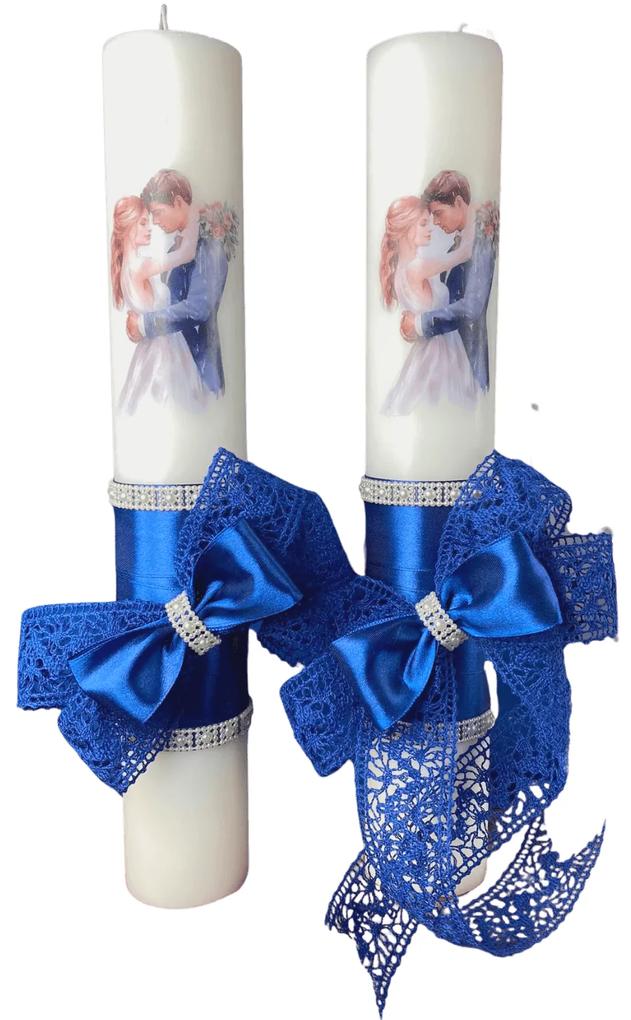 Set 2 Lumanari nunta decorate cu albastru  W1 4,5 cm, 40 cm