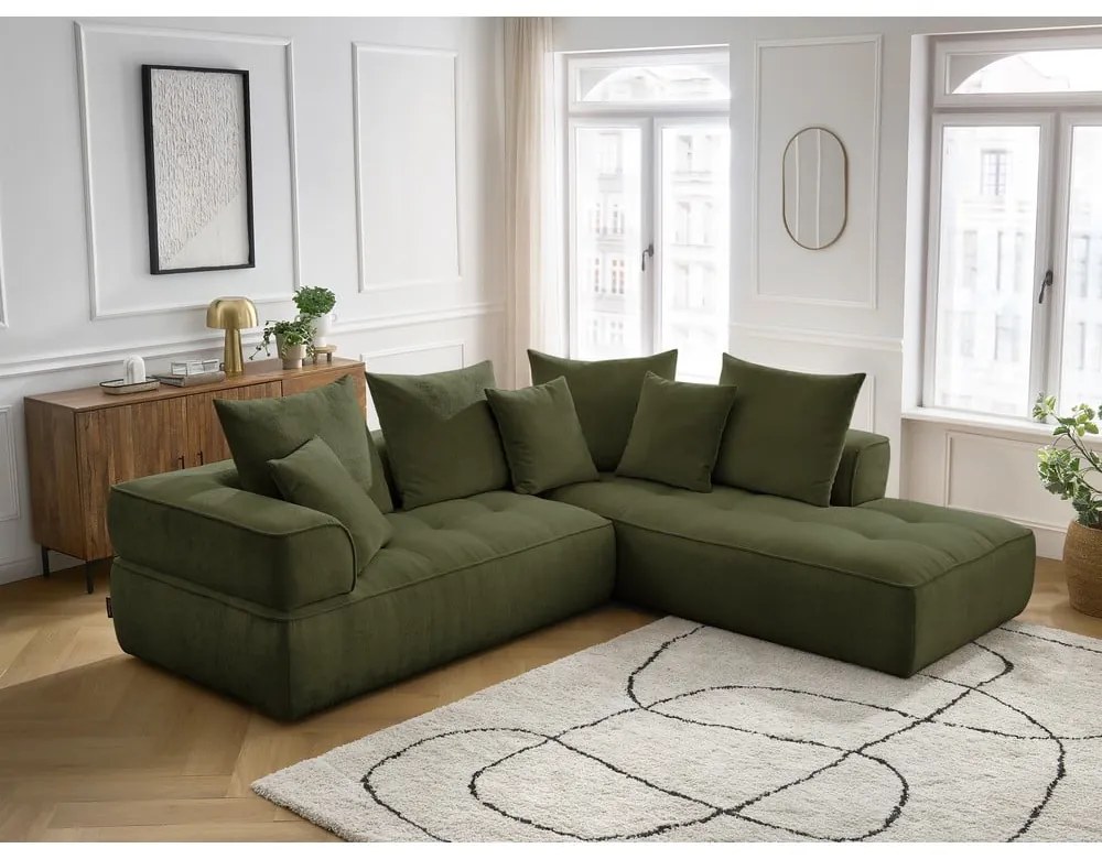 Colțar verde cu tapițerie din chenille (cu colț pe partea dreaptă/în formă de ”L”) Whesley – Bobochic Paris