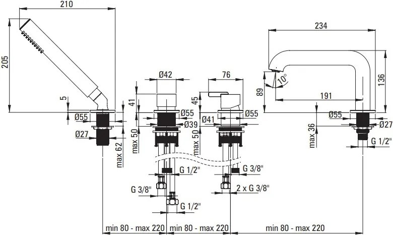 SILIA Baterie de cada - 4 orificii cu set de dus BQS_F14M Finisaj: oțel periat
