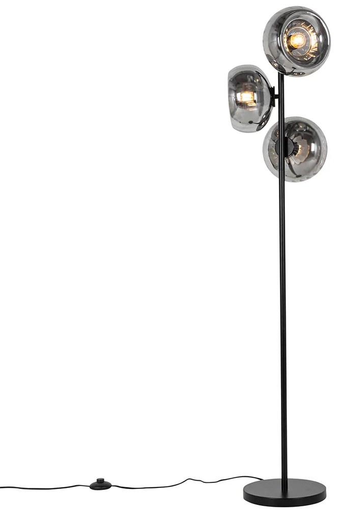 Lampă de podea Art Deco neagră cu sticlă fumurie cu 3 lumini - Ayesha