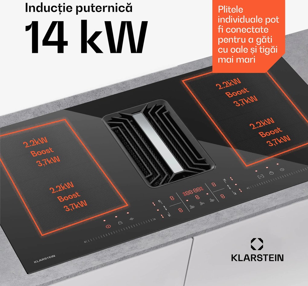 Klarstein Sistem de aer jos AirJet FlexPro, Plită cu inducție + hotă, Flexi zone, Booster