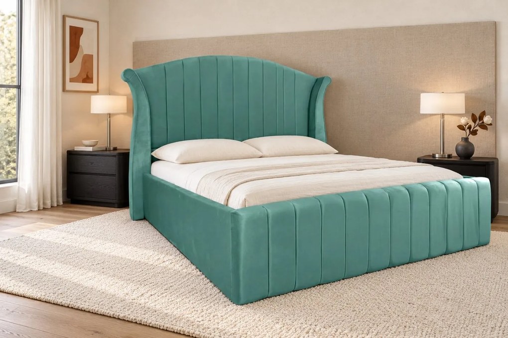 Pat tapițat din catifea Sorella Simple Line 180×200 cm, verde marin, cu ladă de depozitare