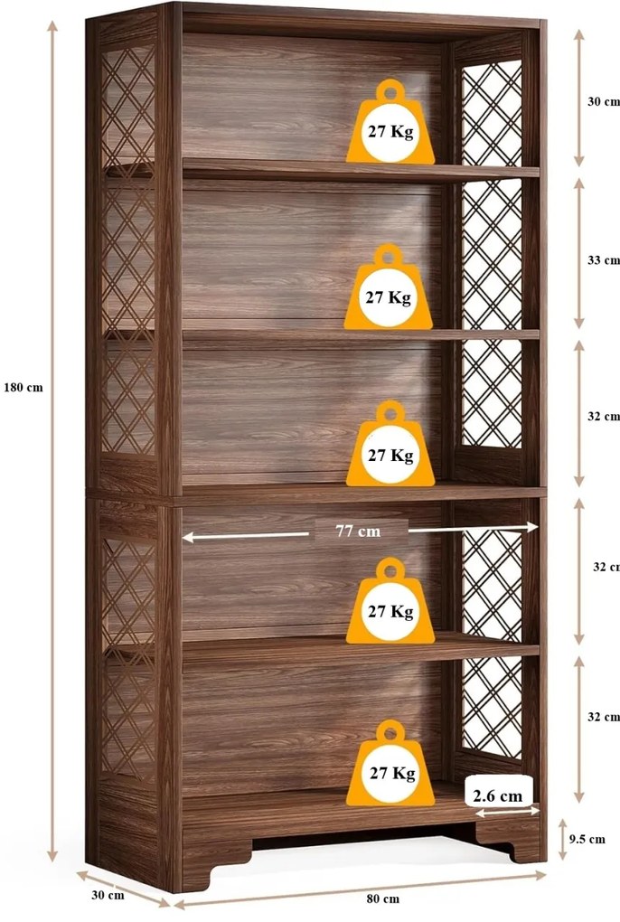 RAM2 - Rafturi, 80 cm, Biblioteca cu 6 rafturi , depozitare carti, living, birou, camera copii - Maro