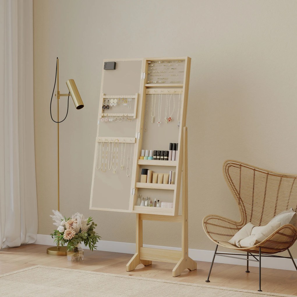 HOMCOM Oglindă Joyero cu Lumini LED Dulap pentru Bijuterii Dulap Joyero de Podea cu Oglindă Integrală Unghi Reglabil Lemn Natural | Aosom Romania