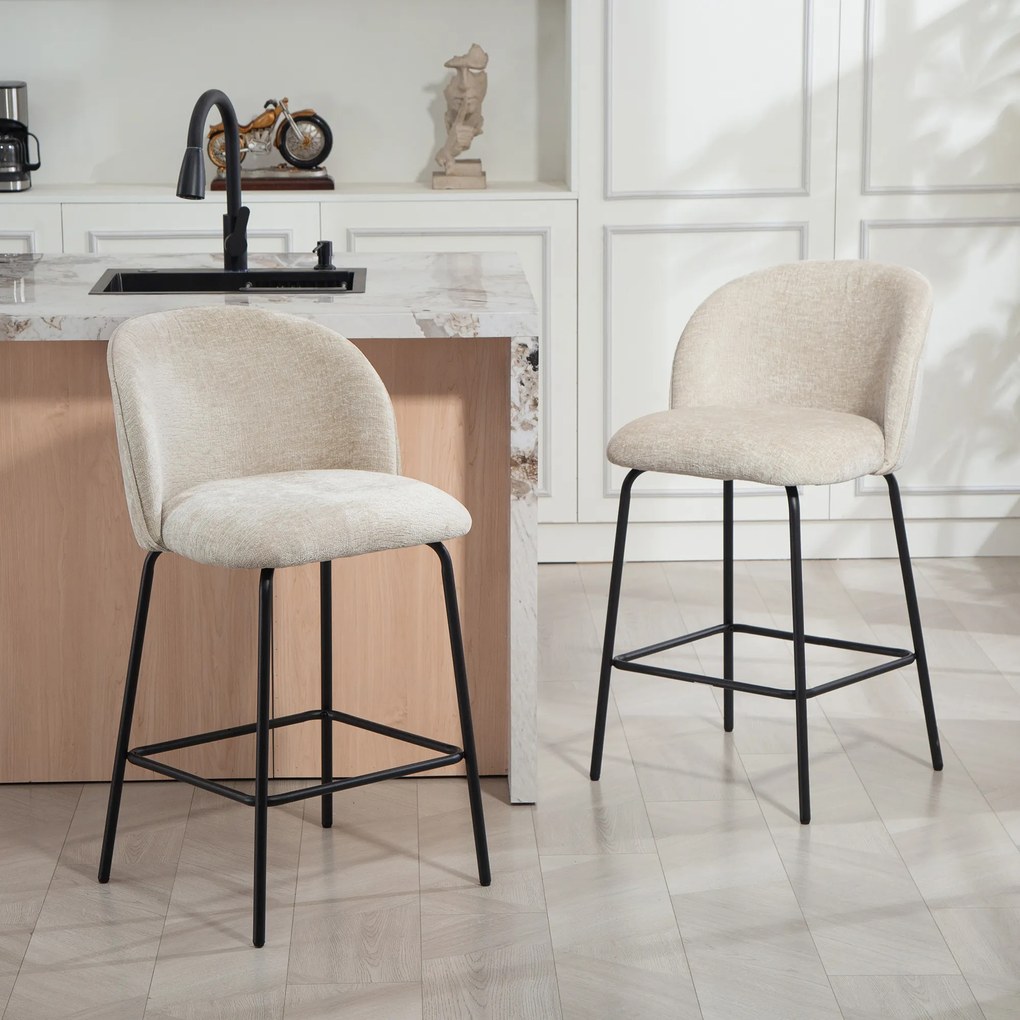 HOMCOM Set 2 Scaune de Bar din Chenille, 68 cm, cu Spătar și Suport pentru Picioare, Cadru din Oțel, Bej | Aosom Romania