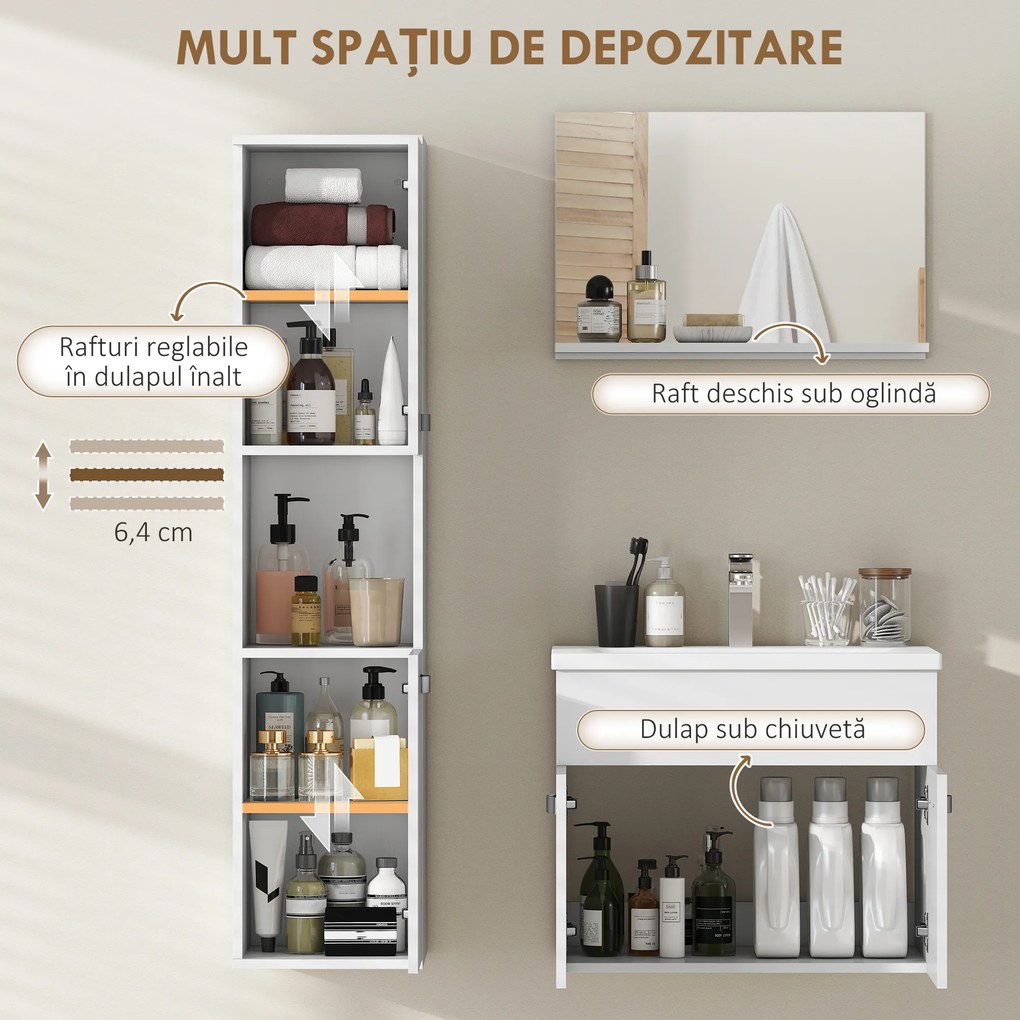 kleankin Set Mobilier Baie 4 Piese cu Lavoar din Ceramică, Dulap de Baie, Coloană de Baie și Oglindă, Alb | Aosom Romania