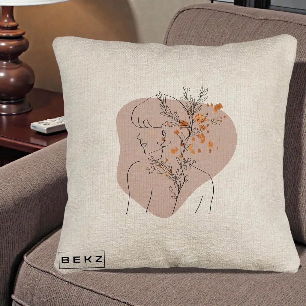 Perna Decorativa Femeie cu Flori Line Art Boho, 40x40 cm, Bej Canapea, Husa Detasabila, Perna Inclusa, BEKZ®