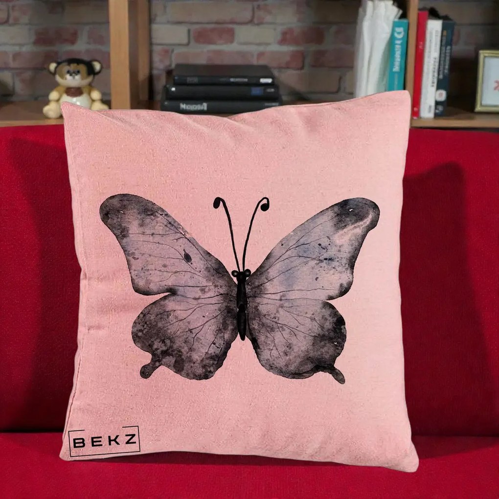 Perna Decorativa Fluture Acuarela Albastru-Gri, 40x40 cm, Roz, Husa Detasabila, Perna Inclusa, BEKZ®