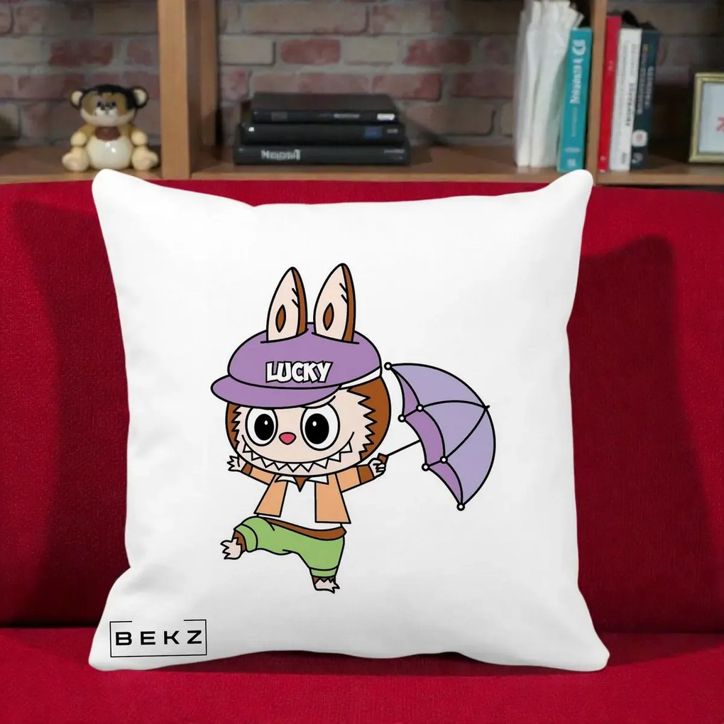 Perna Personalizata Labubu Lucky cu Umbrela, 40x40 cm, Alba Mata, Husa Detasabila, Perna Inclusa, BEKZ®
