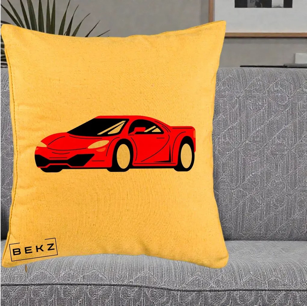 Perna Personalizata Masina Sport Rosie Grafic, 40x40 cm, Galben, Husa Detasabila, Perna Inclusa, BEKZ®