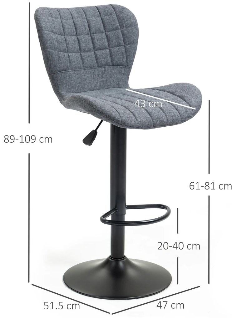 HOMCOM Set de 2 Taburete de Bar Design, Spătar curbat căptușit, Înălțime de ședere reglabilă 61-81 cm, pivotante 360°, Suport pentru picioare, Velur Gri | Aosom Romania