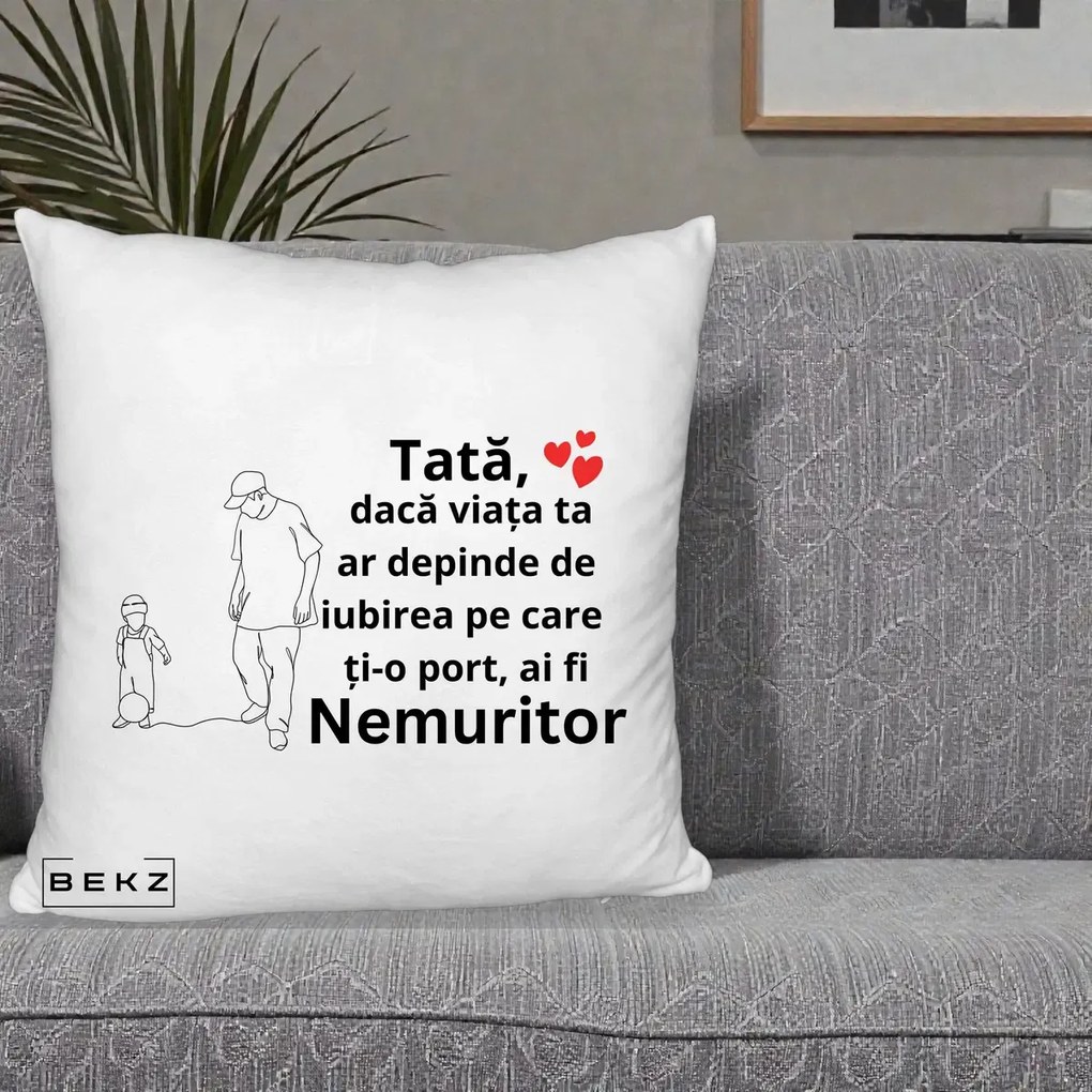 Perna personalizata tata: Tata Nemuritor Joaca cu Mingea, 40x40 cm cu Umplutura, Alb Pufos, BEKZ