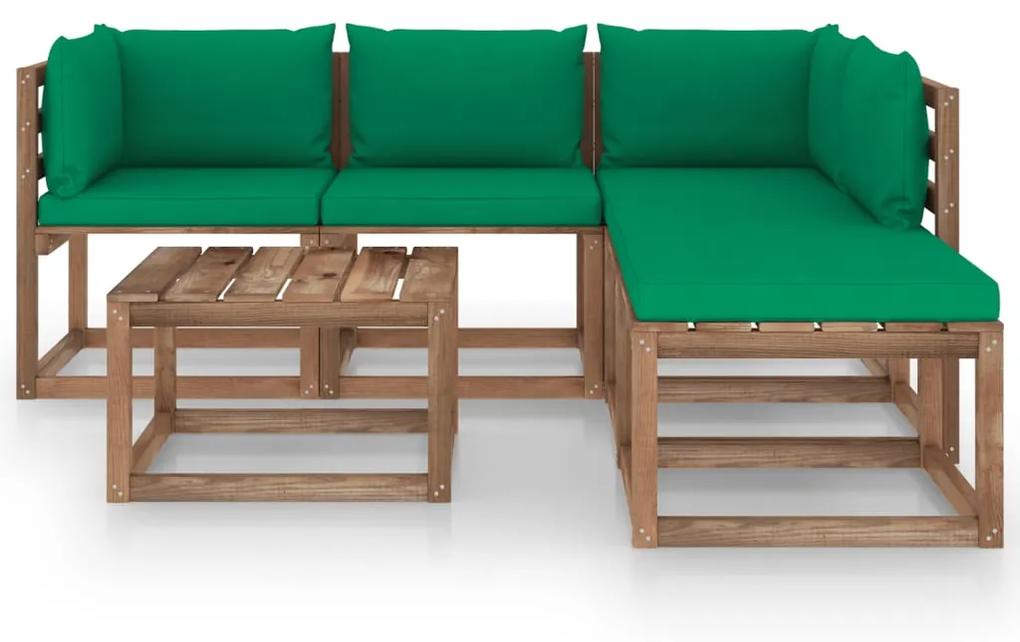 Set mobilier gradina cu perne, 6 piese, lemn tratat de pin Verde, 2x colt + 2x mijloc + 2x masa, 1